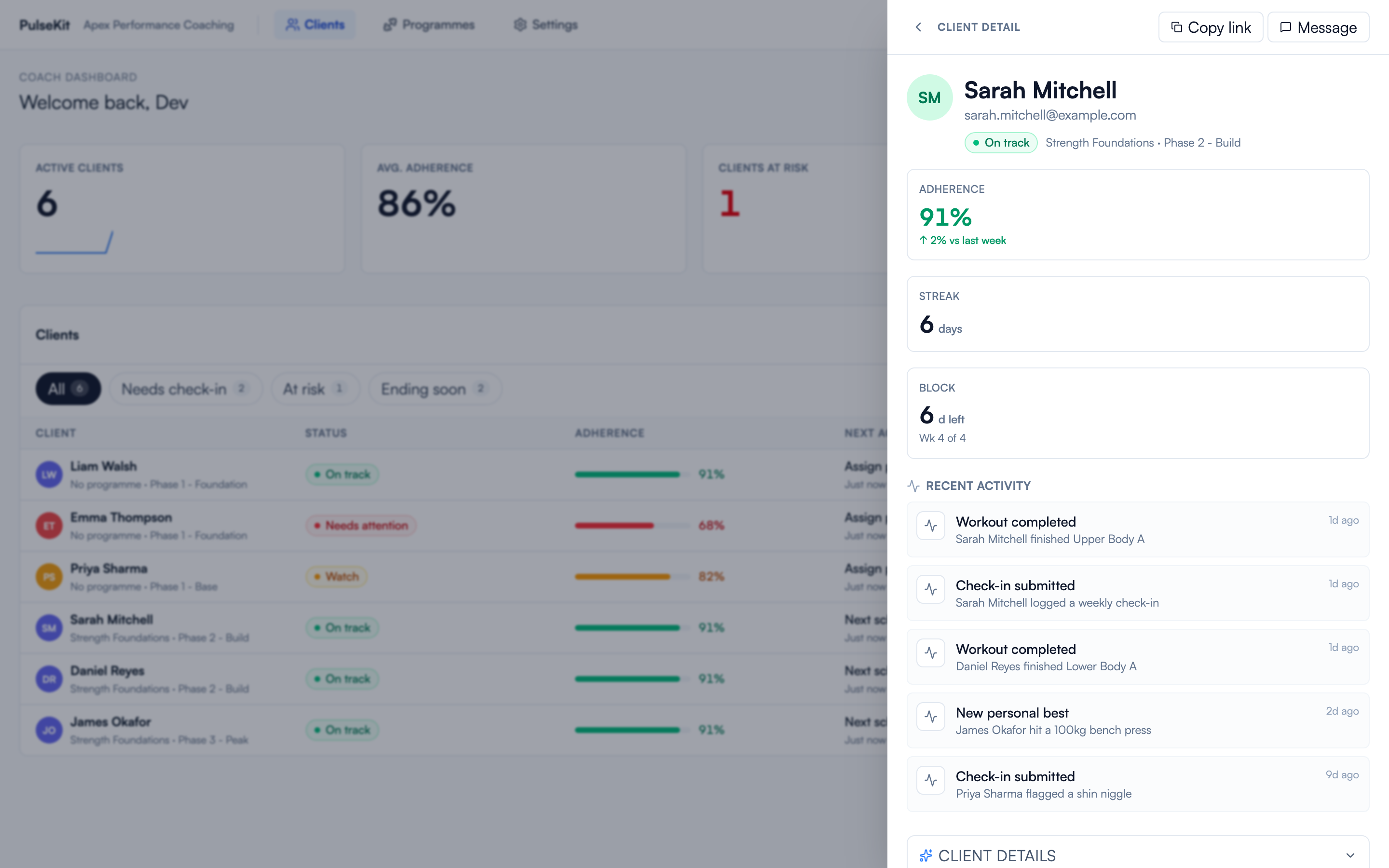 PulseKit client detail panel with adherence, streak, current block, and recent activity